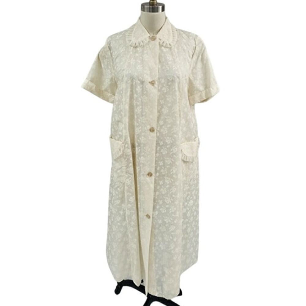 1950s Marilyn Retro Vintage Nylon Flocked House Coat  Beige Womens M Adorable